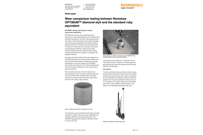 Vergelijkende slijtagetest met Renishaws OPTiMUM diamanten styli en standaard robijnen versies