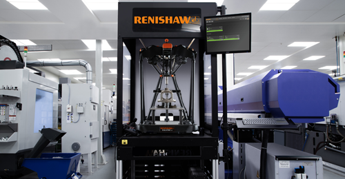 Equator gauge in Renishaw housing inspecting a part on a machine shop floor