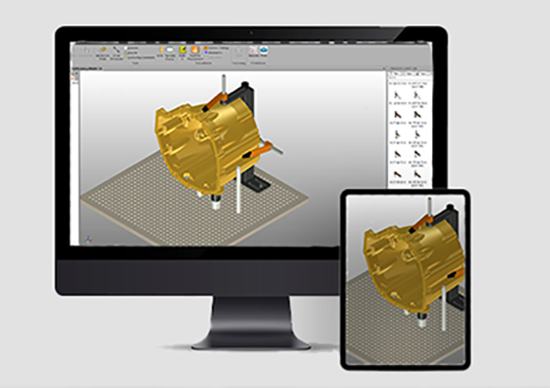 计算机屏幕和平板电脑上显示的3D建模软件FixtureBuilder。