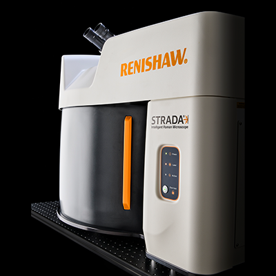 Angled image of Strada® Intelligent Raman Microscope on black background