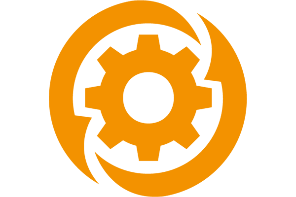 Icon showing automation. A thick orange cog in the centre of a broken orange circle