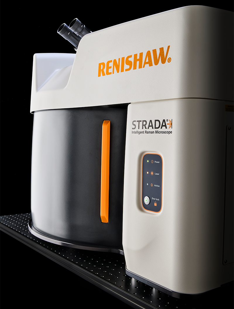 Angled image of Strada® Intelligent Raman Microscope on black background