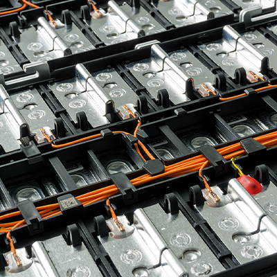 AdobeStock_397729207: Electric car lithium battery pack and wiring connections internal between cells