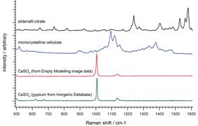 Raman spectra showing some of the species present within a suspected counterfeit erectile dysfunction tablet.